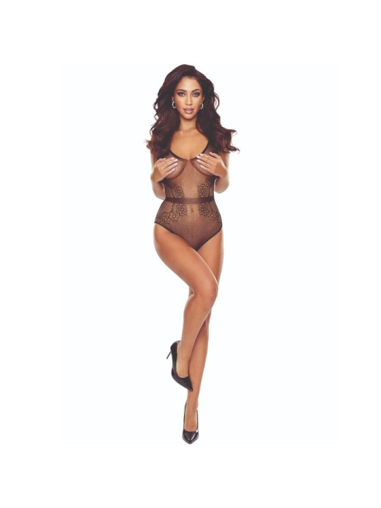 Passion BS115 - Black Lace Bodysuit with Open Crotch One Size