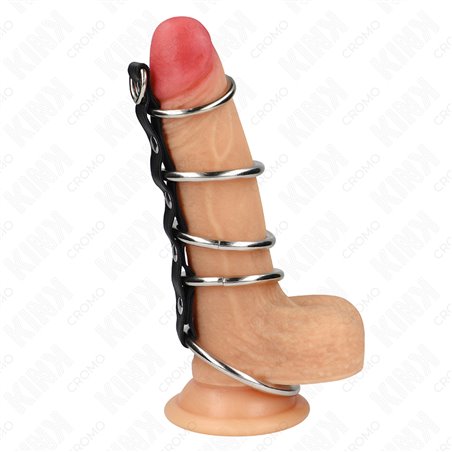 Kink - Anello Fallico Quintuplo in Metallo e Vera Pelle da 3,2 a 5 Cm