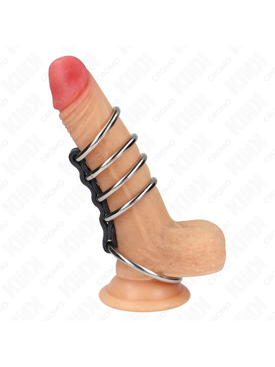 Kink - 5 Metal Cock Rings Connected with Leather Strap