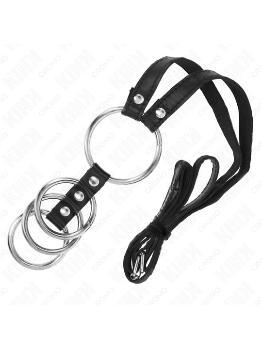 Kink - 4 Anelli fallici in Metallo e Pelle con Guinzaglio 112 Cm