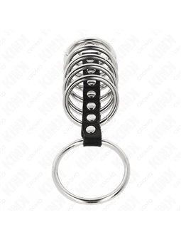 Kink - 7 Anelli fallici in Metallo Collegati con Cinturino in Pelle