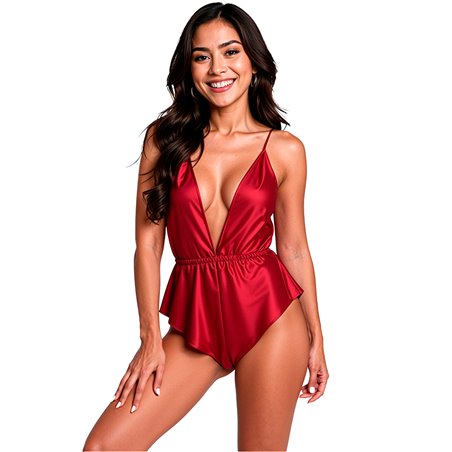 Passion Sensie - Bordeaux Satin Bodysuit with V-Neck Size L/XL