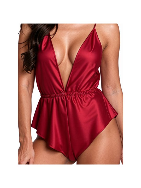Passion Sensie - Bordeaux Satin Bodysuit with V-Neck Size L/XL