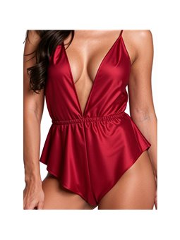 Passion Sensie - Bordeaux Satin Bodysuit with V-Neck Size S/M