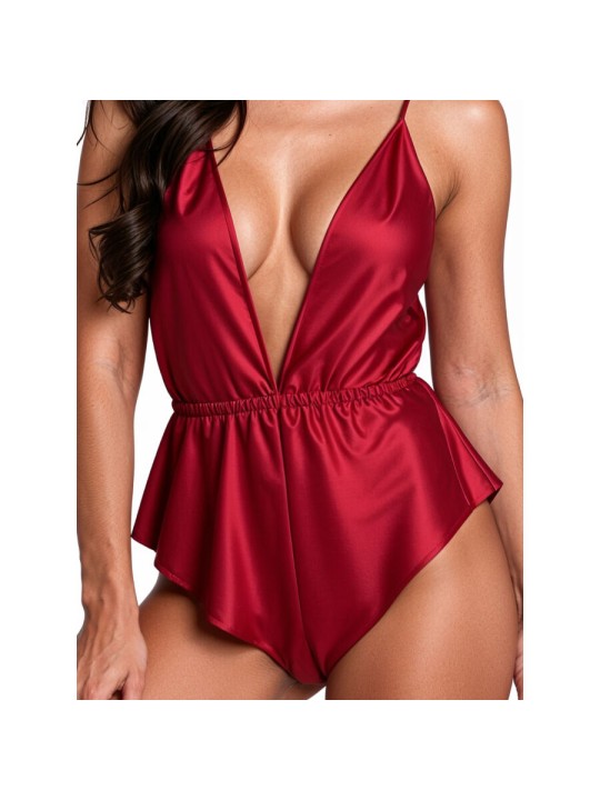 Passion Sensie - Bordeaux Satin Bodysuit with V-Neck Size S/M