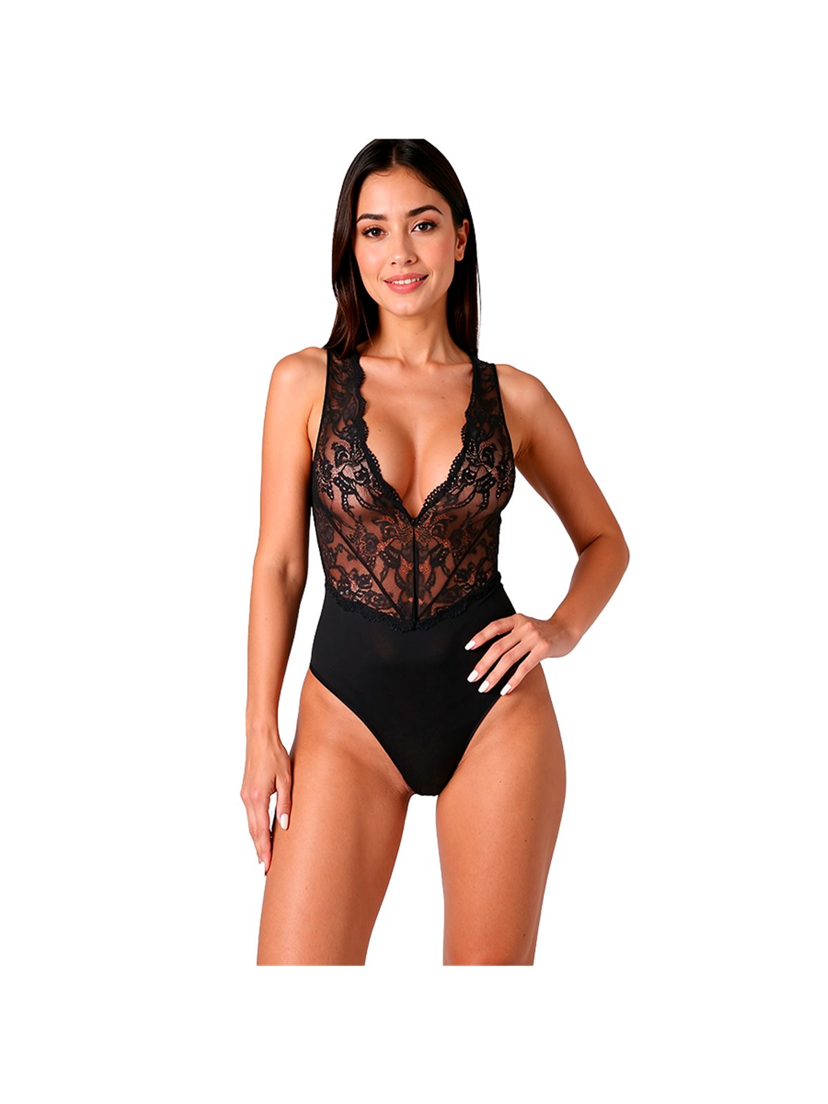Passion Evalie - Black Lace and Soft Fabric Bodysuit Size L/XL