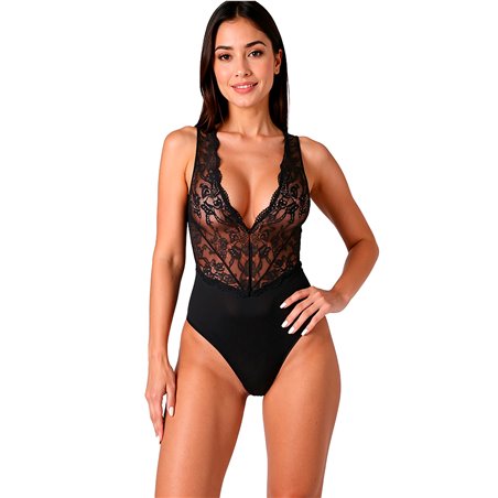Passion Evalie - Black Lace and Soft Fabric Bodysuit Size S/M