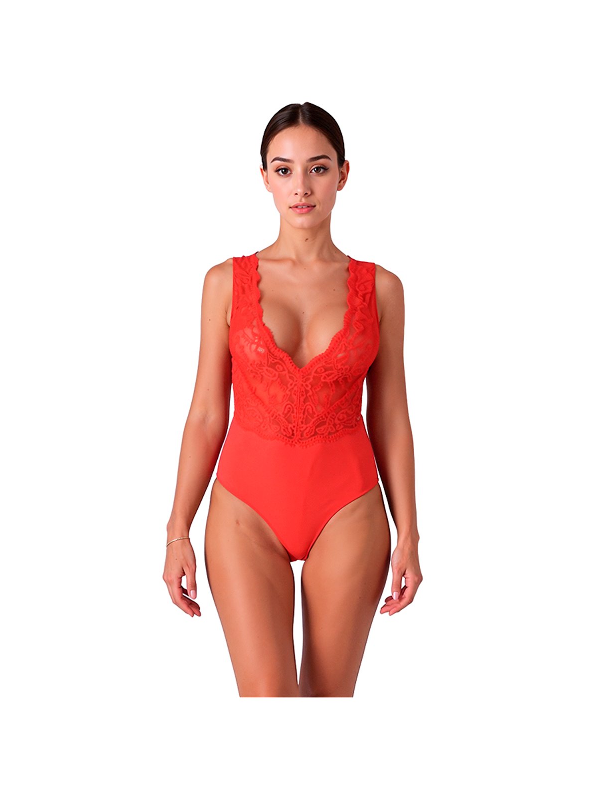 Passion Evalie - Red Lace and Soft Fabric Bodysuit Size S/M