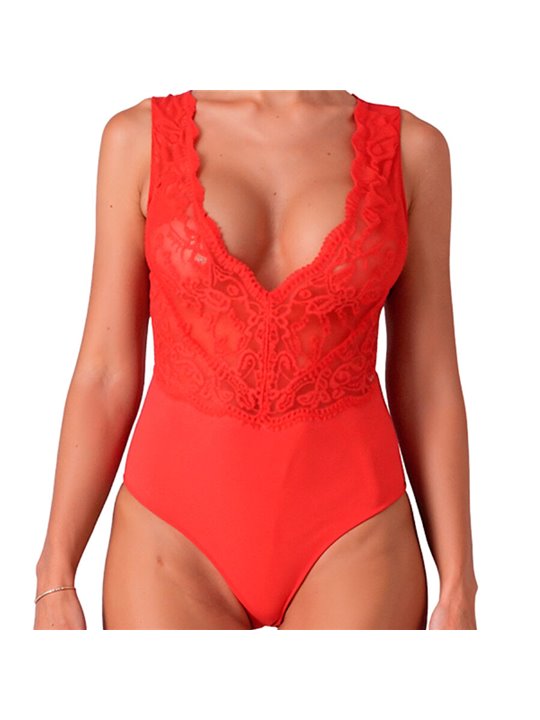 Passion Evalie - Red Lace and Soft Fabric Bodysuit Size S/M