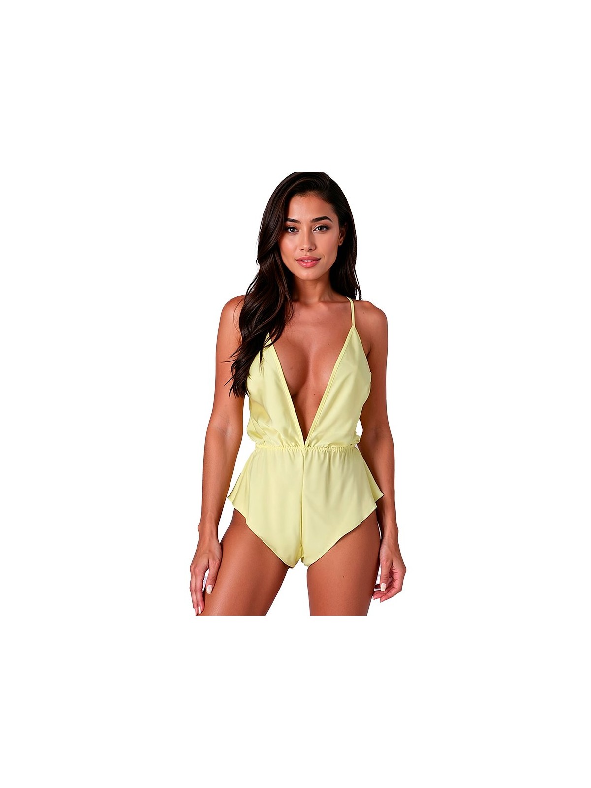 Passion Sensie - Yellow Satin Bodysuit with V-Neck Size L/XL