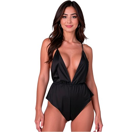 Passion Sensie - Body in Raso Nero con Scollo a V Taglia S/M