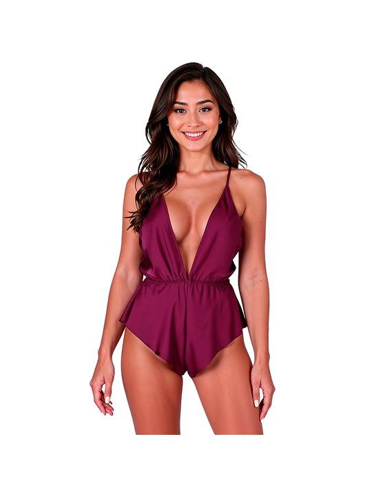 Passion Sensie - Burgundy Satin Bodysuit with V-Neck Size S/M