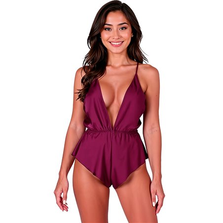Passion Sensie - Burgundy Satin Bodysuit with V-Neck Size S/M