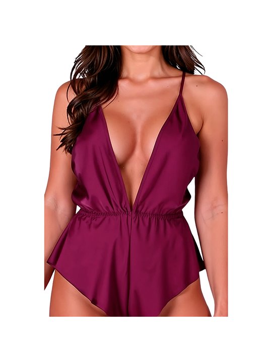 Passion Sensie - Burgundy Satin Bodysuit with V-Neck Size S/M