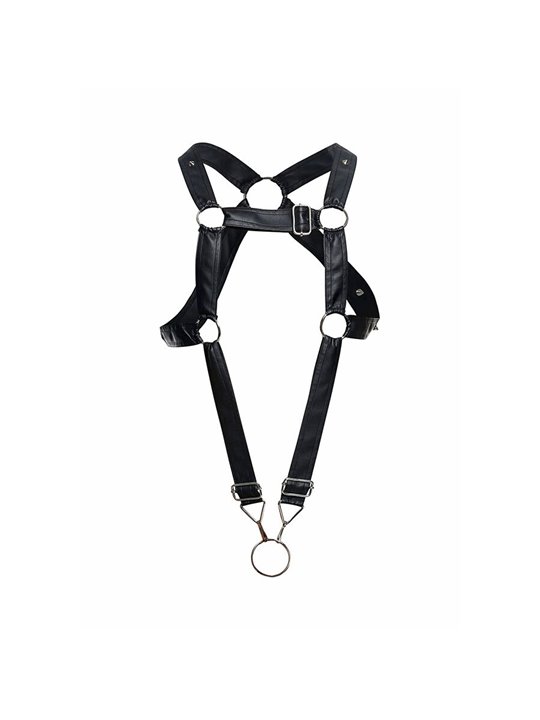 Mob Dngeon - Black PU Leather Cross Harness with Cock Ring