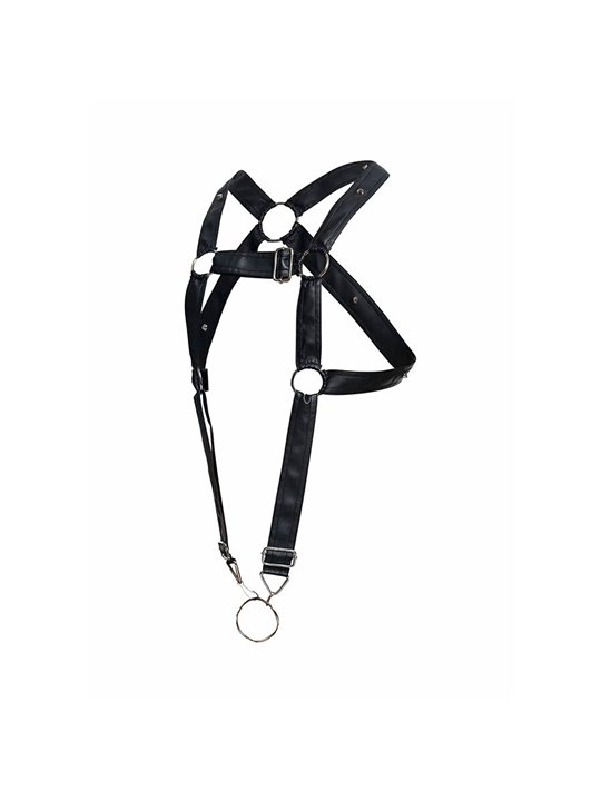 Mob Dngeon - Black PU Leather Cross Harness with Cock Ring
