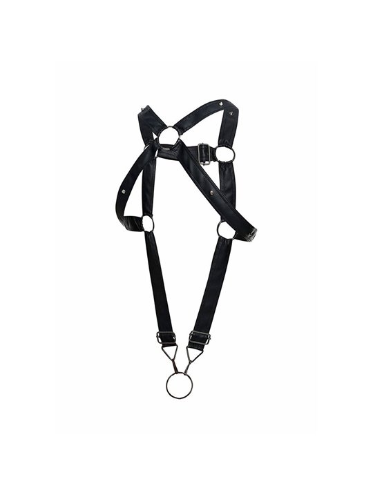 Mob Dngeon - Black PU Leather Cross Harness with Cock Ring