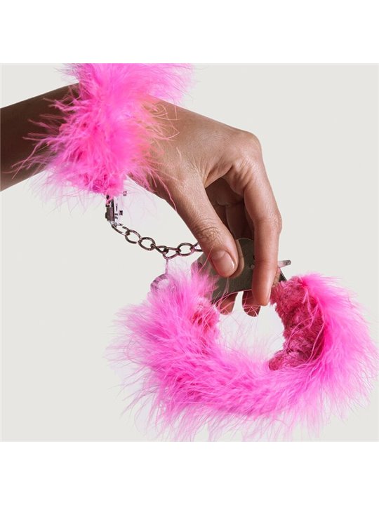Adrien Lastic - Manette in Metallo con Piume Rosa