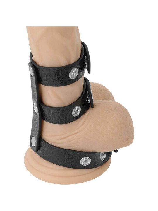 Darkness Cock Harness - Triplo Anello Fallico in Pelle con Bottoni in Acciaio
