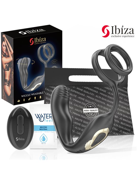 Ibiza Wiggle - Anello Fallico con Plug Anale Vibrante in Silicone Nero