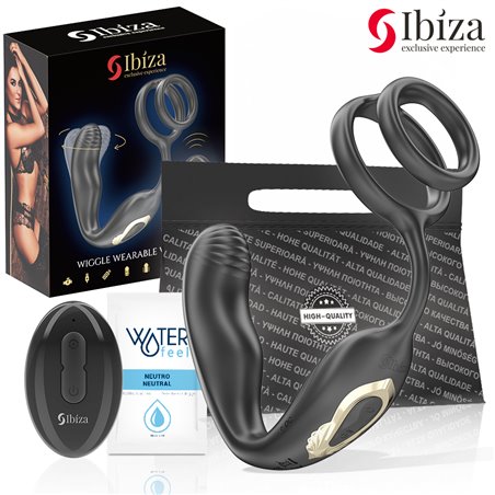 Ibiza Wiggle - Anello Fallico con Plug Anale Vibrante in Silicone Nero