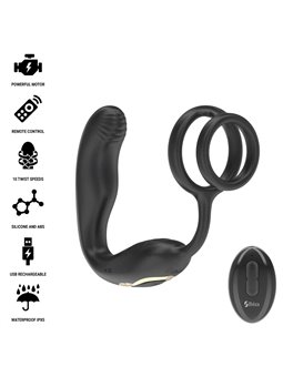 Ibiza Wiggle - Anello Fallico con Plug Anale Vibrante in Silicone Nero