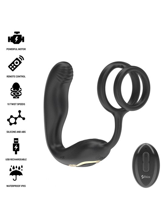 Ibiza Wiggle - Anello Fallico con Plug Anale Vibrante in Silicone Nero