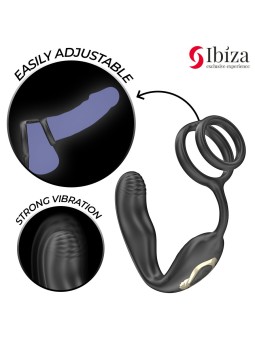 Ibiza Wiggle - Anello Fallico con Plug Anale Vibrante in Silicone Nero
