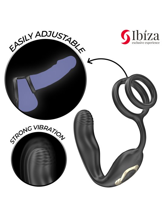 Ibiza Wiggle - Anello Fallico con Plug Anale Vibrante in Silicone Nero