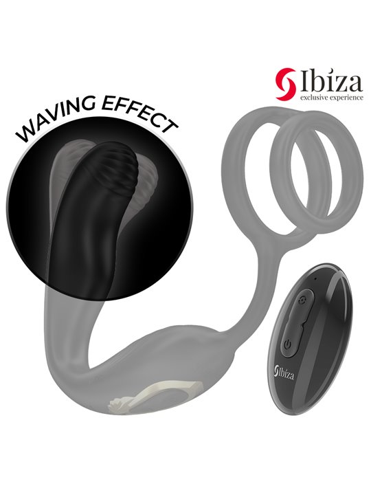 Ibiza Wiggle - Anello Fallico con Plug Anale Vibrante in Silicone Nero