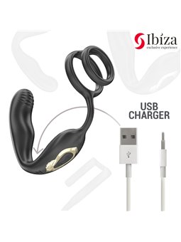 Ibiza Wiggle - Anello Fallico con Plug Anale Vibrante in Silicone Nero