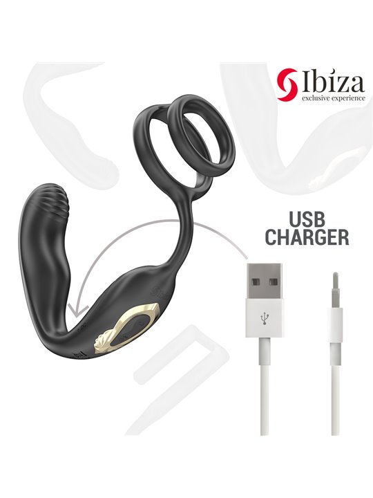 Ibiza Wiggle - Anello Fallico con Plug Anale Vibrante in Silicone Nero