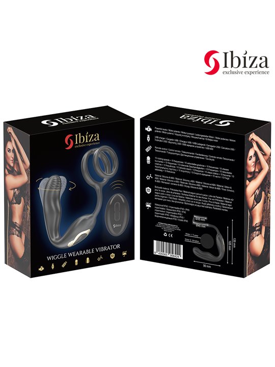 Ibiza Wiggle - Anello Fallico con Plug Anale Vibrante in Silicone Nero
