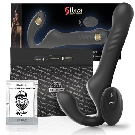 Ibiza - Vibratore Strap-On Su e Giù in Silicone Nero con Telecomando