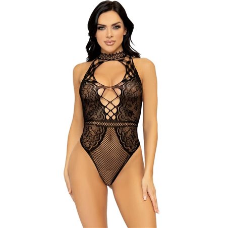 Leg Avenue - Black Mesh and Lace Bodysuit with Halter Neck One Size
