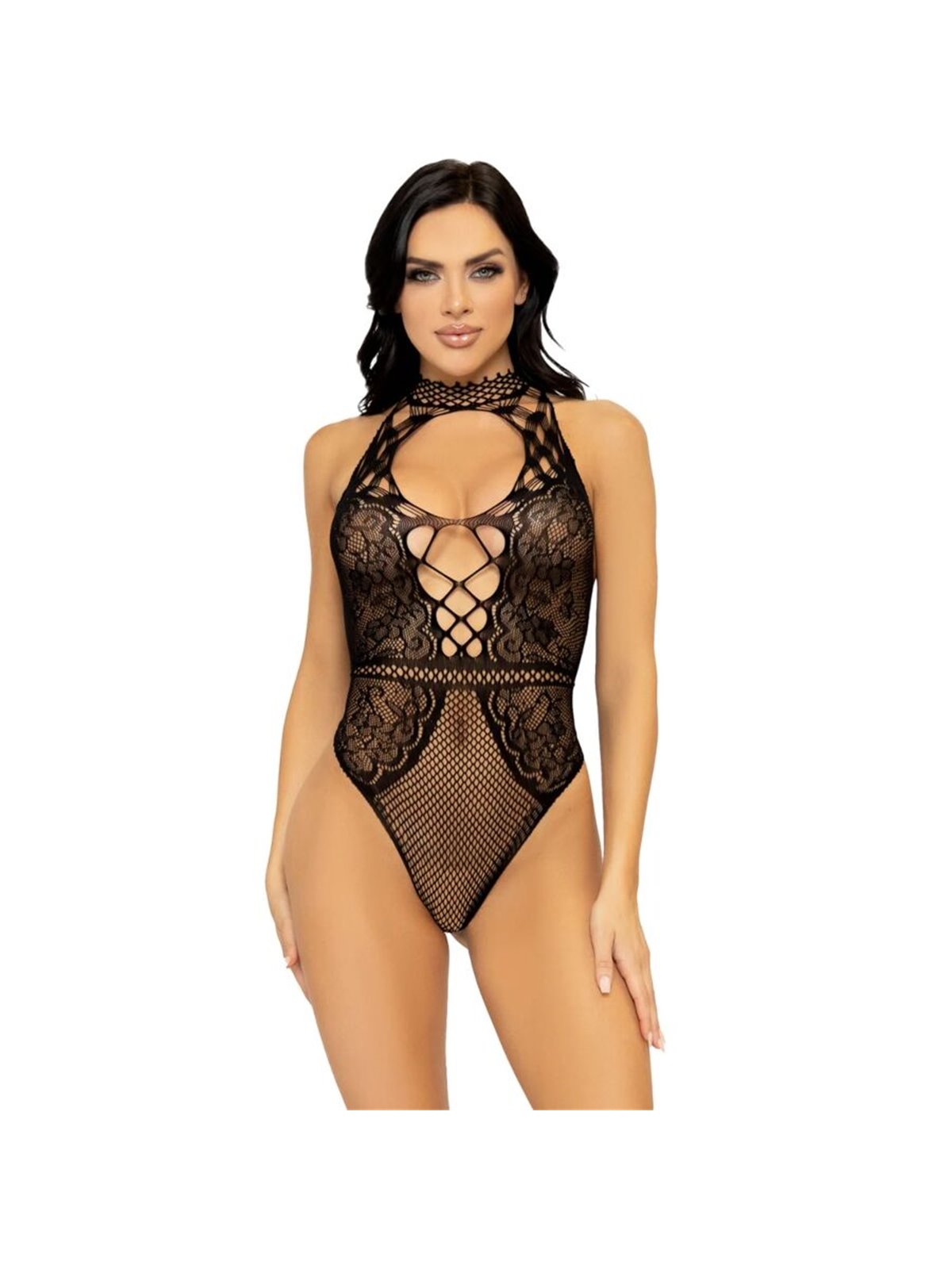 Leg Avenue - Black Mesh and Lace Bodysuit with Halter Neck One Size