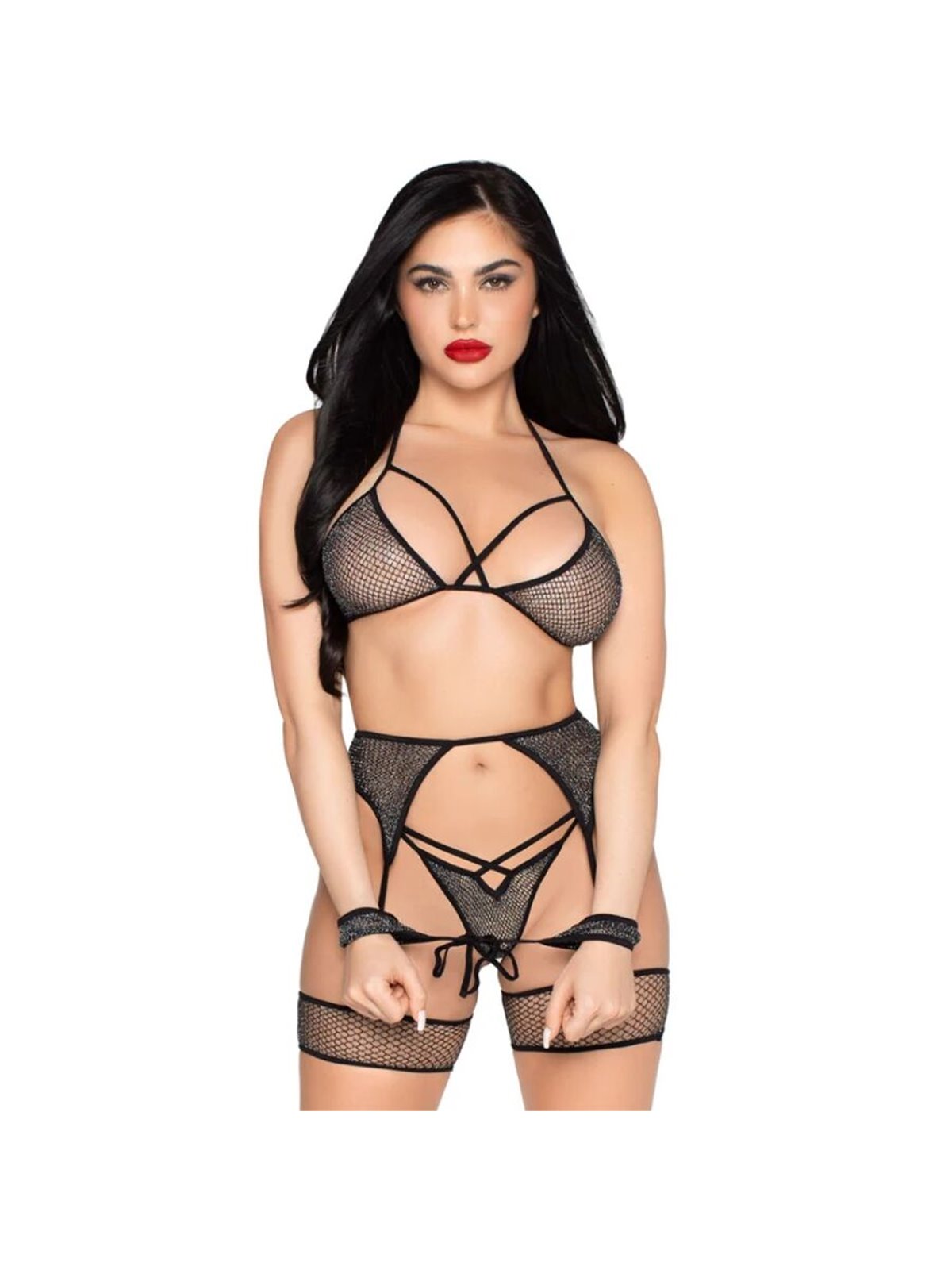 Leg Avenue 89362 - Bondage 4-Piece Lingerie Set One Size Black