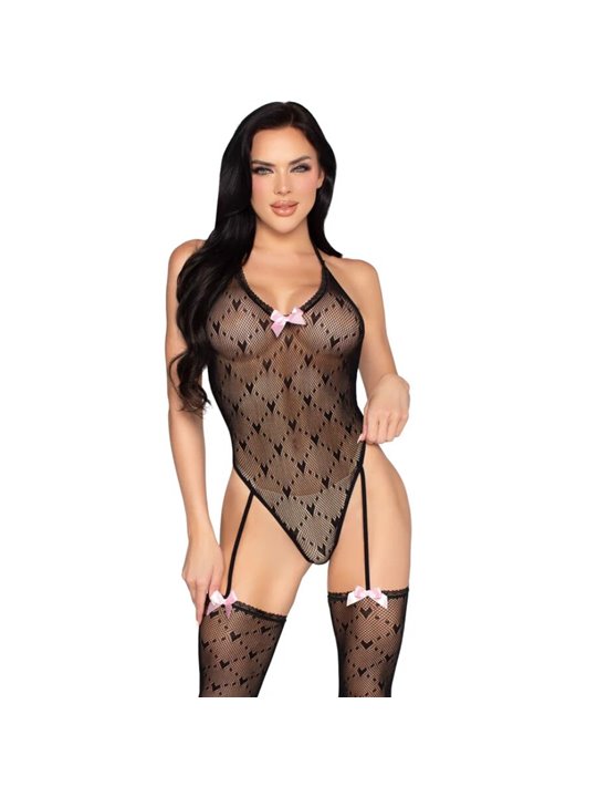 Leg Avenue 89360 - Black One Size Mesh Bodysuit with Integrated Stockings