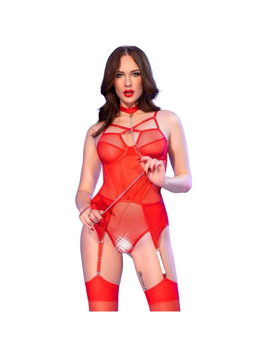 Chilirose CR 4879 - Red Open Crotch Bodysuit + Matching Stockings XL