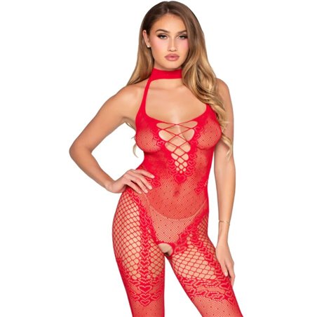 Leg Avenue - Bodystocking a Rete con Cavallo Aperto Taglia Unica Rosso