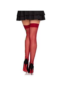 Leg Avenue - One Size Red Hold-Up Stockings with Floral Embroidery