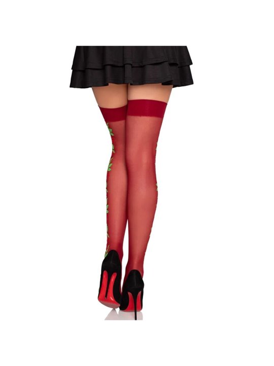 Leg Avenue - Calze Autoreggenti Rosse con Ricami Floreali Taglia Unica