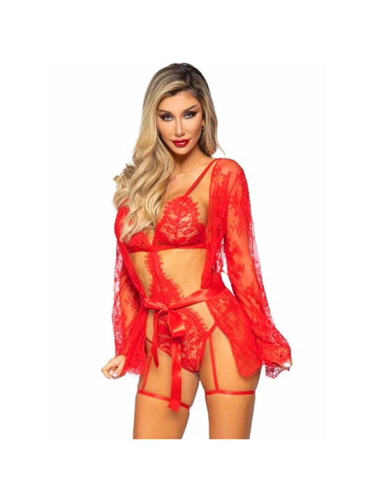 Leg Avenue 86123 - Completo Intimo in Pizzo Rosso + Vestaglia Taglia S