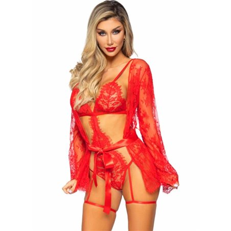 Leg Avenue 86123 - Completo Intimo in Pizzo Rosso + Vestaglia Taglia S