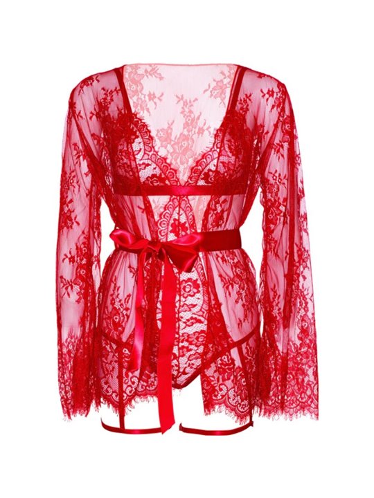 Leg Avenue 86123 - Completo Intimo in Pizzo Rosso + Vestaglia Taglia S